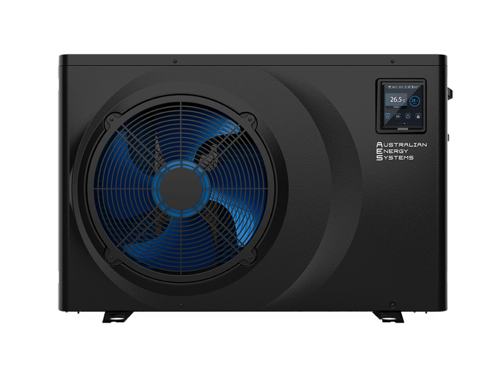 A black Australian Energy Systems heat pump unit with a prominent fan and a digital control panel displaying the temperature. Perfect for residential use