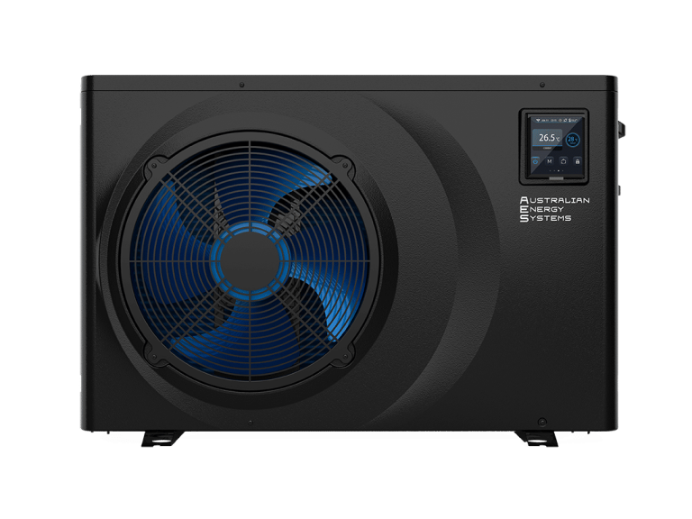 A black Australian Energy Systems heat pump unit with a prominent fan and a digital control panel displaying the temperature. Perfect for residential use